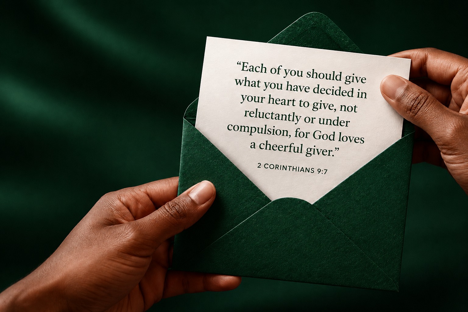 Hands holding a giving envelope featuring 2 Corinthians 9:7